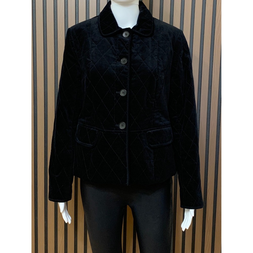 Talbots Black Quilted Velvet Jacket Button Front Diamond Stitch Size 4